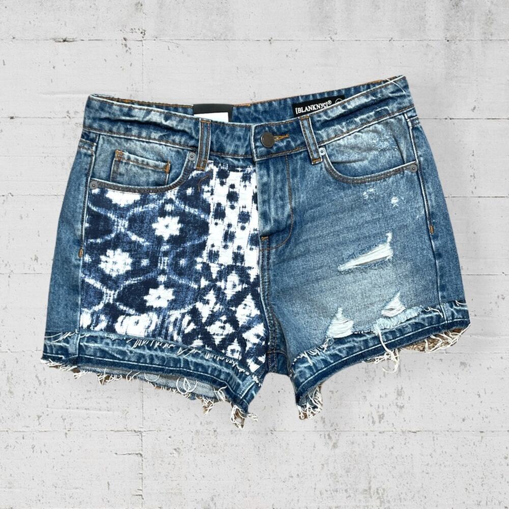 NWT BLANKNYC Patchwork Ikat Distressed Denim Cutoff Shorts 26 Boho Festival